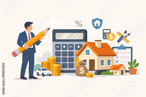 Businessman with Pencil Calculating House Mortgage and Residential Budget for Real Estate Investment, Home Loan Insurance, Financial Planning with Calculator, Coins, Car and Money Bag Vector Art