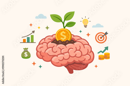 Wealth Mindset and Financial Growth Concept Illustration Featuring a Human Brain with a Growing Money Plant, Business Icons, Investment Strategy, Economic Success, and Money Management Knowledge.