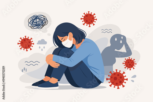 Mental Health During COVID-19 Pandemic: Depressed Woman in Face Mask Feeling Lonely and Anxious in Quarantine, Vector Illustration of Emotional Stress, Sadness, Psychological Pain and Isolation.