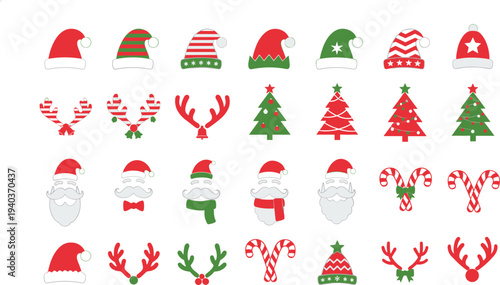 Large collection of Christmas holiday decorative elements with Santa hats reindeer antlers trees and candy canes for winter celebration vector,