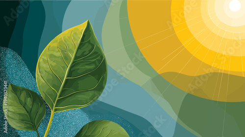 Digital art featuring large, detailed leaves with sunshine and an abstract background