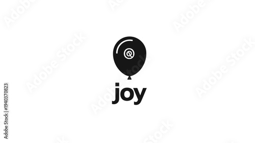 A minimalistic design with a black balloon icon and the word "joy" underneath on a white background