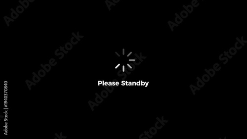 Please standby text with loading spinner icon animation, representing technical delays, software updates,and motion background 4k video animation..