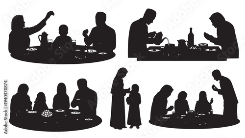 Set of 6 family dinner silhouettes vector
