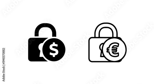 Padlock with dollar and euro icons for financial security and locked money