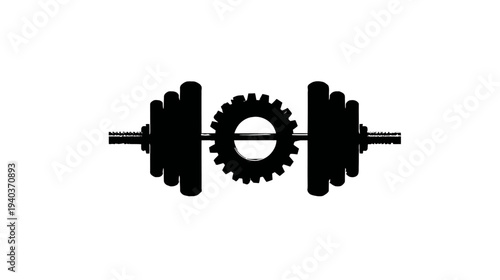 A black barbell is shown with a gear in the middle on a white background