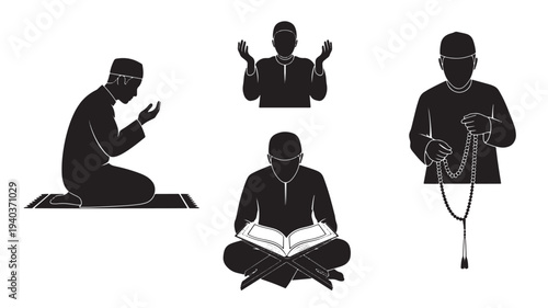 Set of 4 Muslim men vector icons, black silhouettes