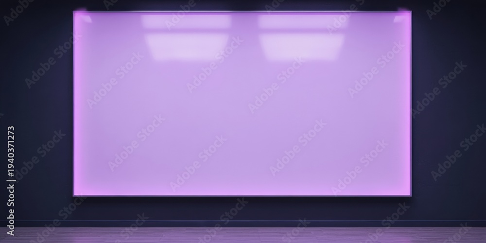 Fototapeta premium Empty purple screen mounted on dark wall. Minimalist presentation space, modern interior design element. Dramatic lighting creates focus.
