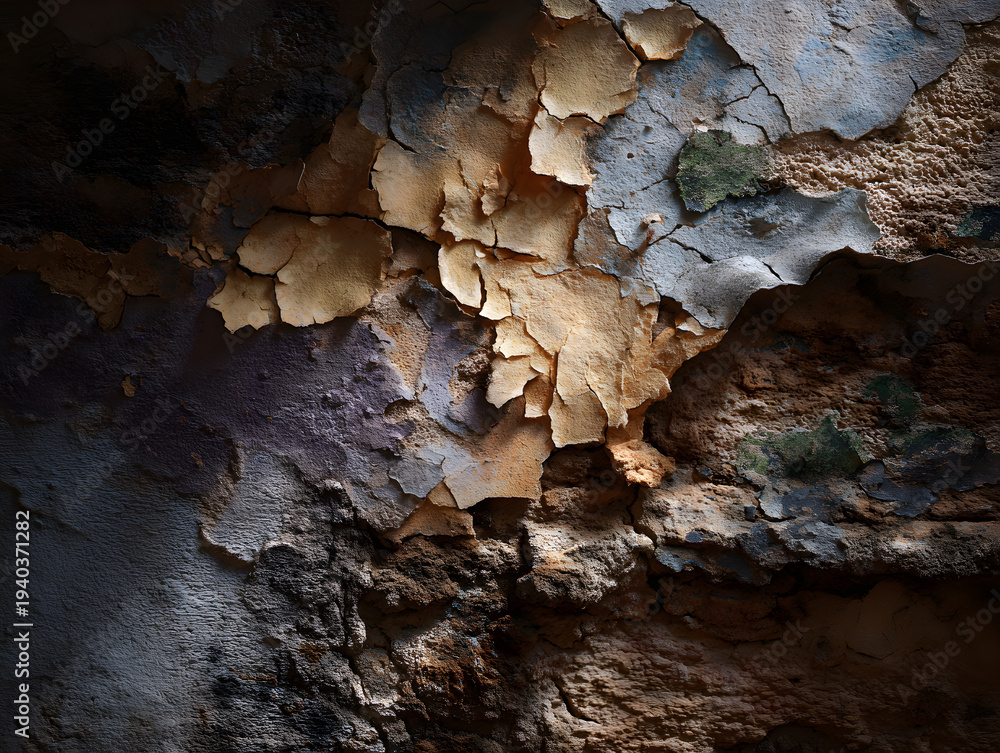 Fototapeta premium Abstract texture of peeling paint and cracked plaster on an old weathered wall with dramatic lighting, perfect for rustic or industrial backgrounds.
