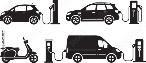 Electric vehicles charging at stations with different types of transport