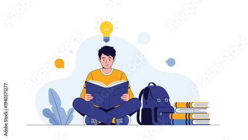 Student boy sitting on the floor reading a book with a glowing light bulb above his head representing a new creative idea.
