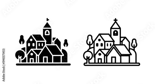 Village Icon with Church and Houses - Rural Community and Town Symbol