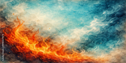 Red and orange flames explode into the dark night sky with motion and heat creating an inferno of light and smoke against a black textured background