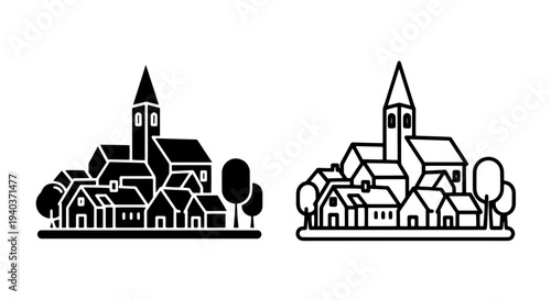 Town Village Icon with Church Steeple and Houses - Rural Community Symbol