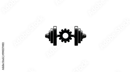 A monochrome illustration of a dumbbell design with a gear in the center on a white background
