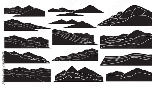 Set of 16 black mountain range icons vector