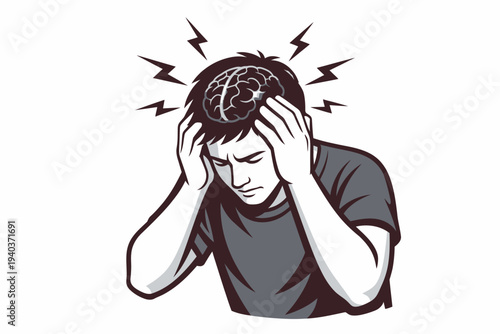 Man Experiencing Headache Amid Lightning Stress in Blackandwhite Illustration