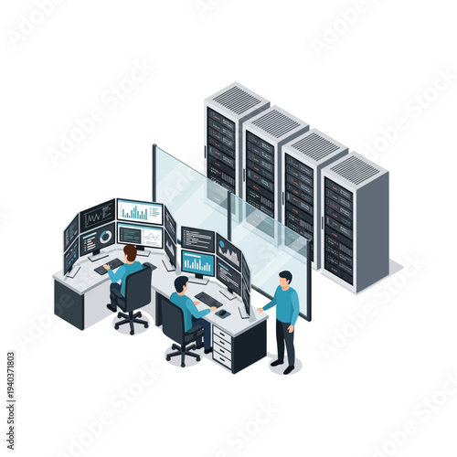 Isometric illustration of a data center with IT professionals monitoring servers.