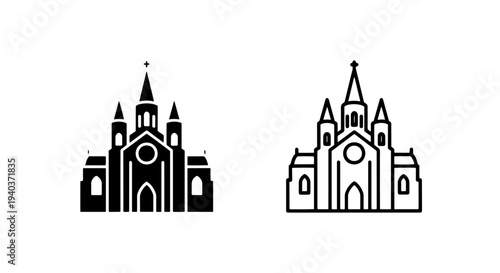Christian Church Architecture Icon Collection with Glyph and Line Art