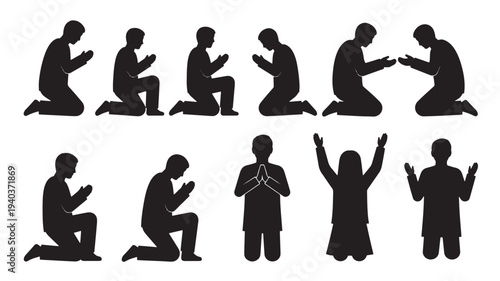 Set of 10 prayer silhouettes vector