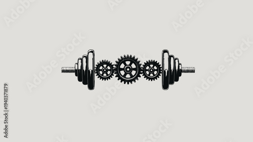 An illustration depicting a barbell with gears in place of weight plates. The gears are centered
