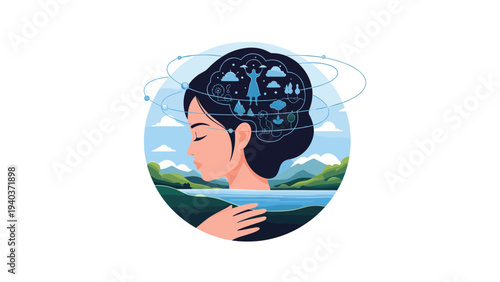 Profile illustration of a woman's head with a complex mental landscape of nature and clouds inside her brain during meditation.