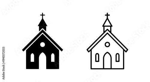Church building icons with cross symbol in solid and line art for religious concepts