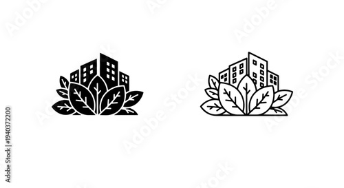 Sustainable city icons with skyscrapers growing from leaves for eco design