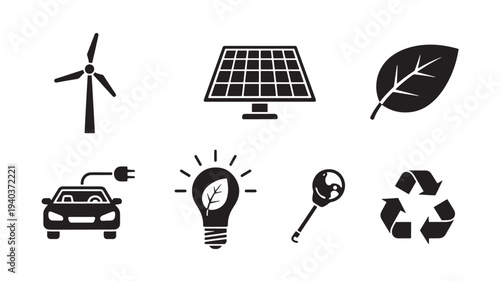 Set of 8 eco friendly icons vector, sustainable energy symbols