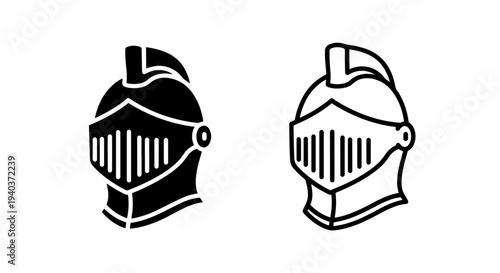 Knight helmet and medieval armor icons in solid and line art