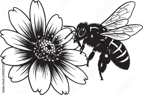 Black and white illustration of a bee on flower