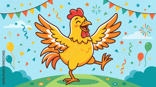 A cheerful cartoon chicken with its wings spread wide, dancing joyfully amidst a festive background of confetti, balloons, and bunting.