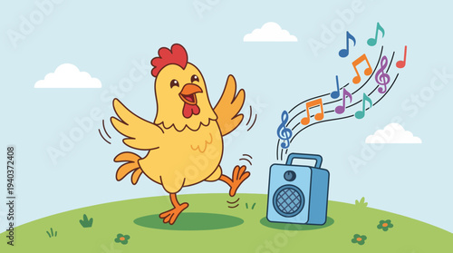A cheerful cartoon chicken joyfully dancing to music emanating from a portable radio on a grassy hill.