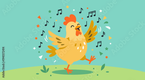 A cheerful cartoon chicken dancing joyfully with musical notes and confetti floating around it on a light teal background.