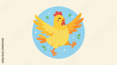 A cheerful, cartoon-style yellow chicken with its wings spread wide, appearing to dance or jump joyfully within a light blue circular background adorned with small white dots and green leaves.