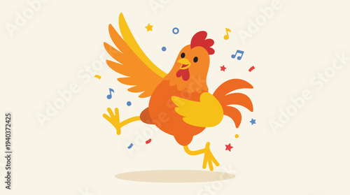 A vibrant and energetic cartoon rooster is joyfully dancing with its wings spread wide, surrounded by colorful confetti and musical notes.