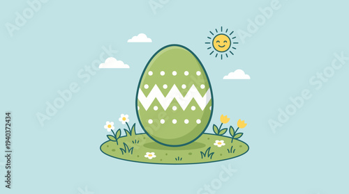 A charming illustration of a large, decorated green Easter egg standing upright in a grassy field under a bright, smiling sun.