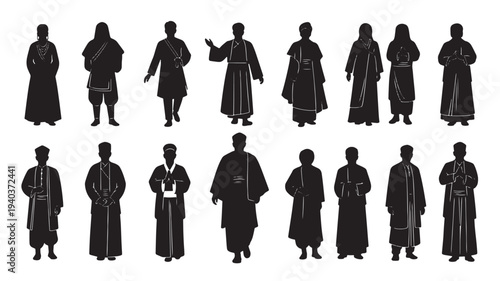 Set of 14 people in robes vector silhouettes