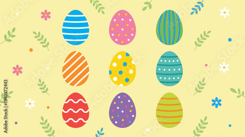 A vibrant collection of nine uniquely decorated Easter eggs arranged in a 3x3 grid on a soft yellow background adorned with floral and leafy motifs.