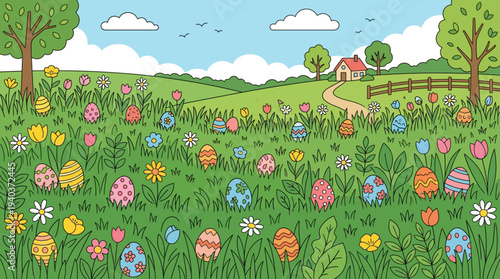 A vibrant cartoon illustration of a lush green meadow filled with colorful Easter eggs and blooming flowers, with a quaint house and rolling hills in the background under a bright blue sky.