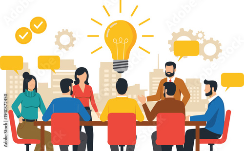 Business meeting brainstorming session illustration with teamwork collaboration light bulb innovation idea generation and corporate success concept