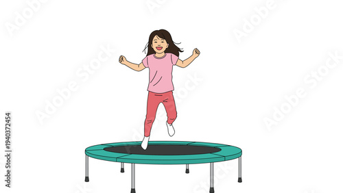 Energetic young girl jumping high on a green trampoline with a happy expression and her arms raised for fun and exercise.