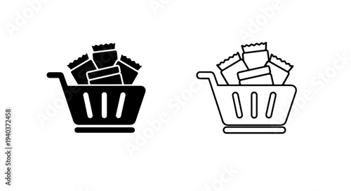 Shopping basket with products icons in flat and outline style