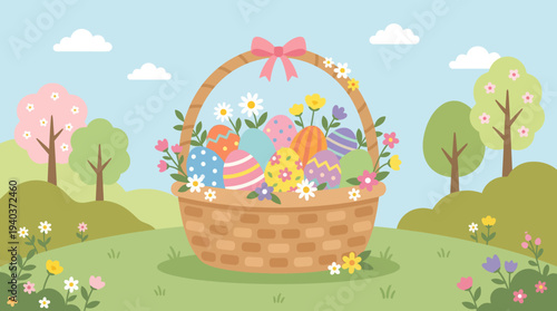 A charming Easter basket overflowing with vibrantly decorated eggs and colorful spring flowers, set against a picturesque landscape.