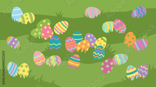 A vibrant collection of colorful, patterned Easter eggs scattered across a lush green grassy field, evoking a festive spring atmosphere.