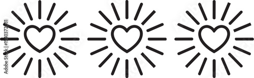 Three line art heart icons with radiating lines, symbolizing love, happiness, or positive energy