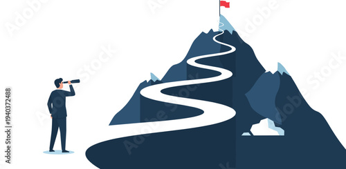 Business professional looking through telescope at mountain summit with red flag, symbolizing ambition, career goals, and success journey