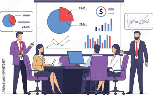 Business Professional Team Analyzing Financial Data Charts and Statistics During Strategic Corporate Meeting in Modern Office Boardroom Illustration