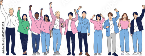 Diverse Group of Happy People Celebrating Success with Raised Fists and Cheerful Expressions in Minimalist Flat Vector Illustration Style Isolated on White Background