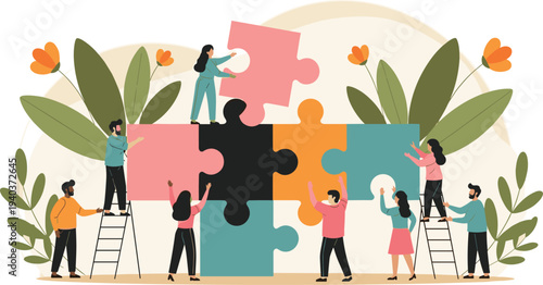 Diverse professional team collaborating to assemble a large colorful jigsaw puzzle representing business teamwork, problem solving, creative partnership, 